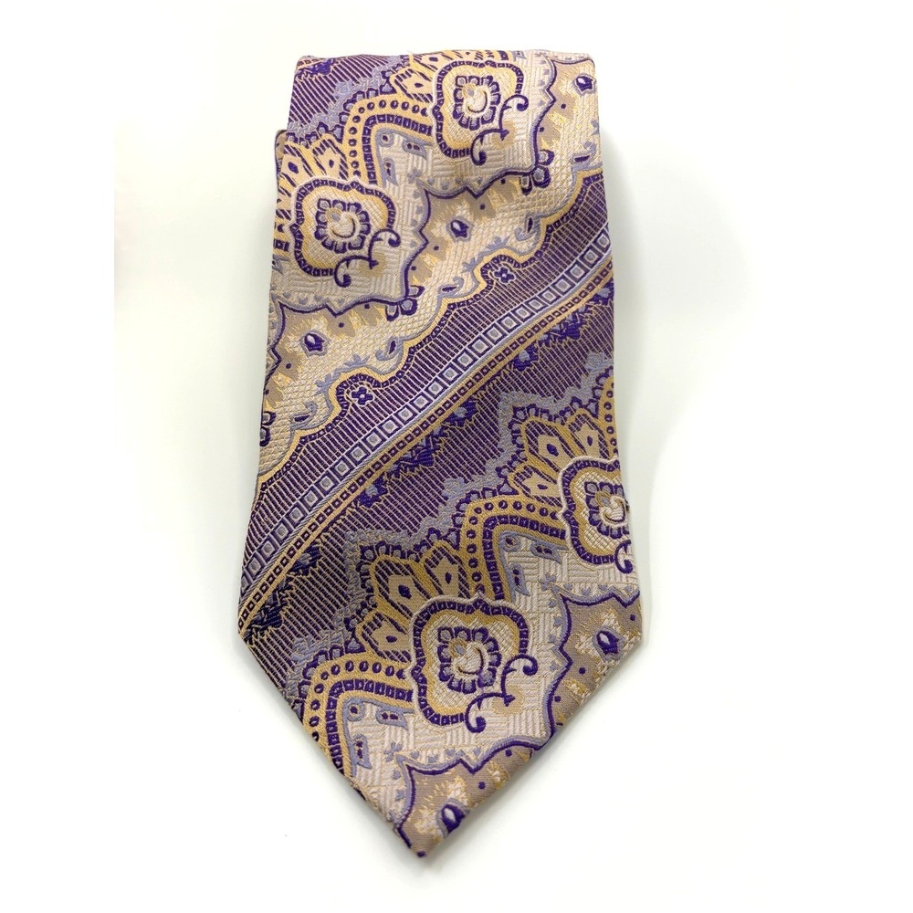 Venturi Uomo Mens Silk Tie Purple Gold Paisley Hand Made Extra Long 63in